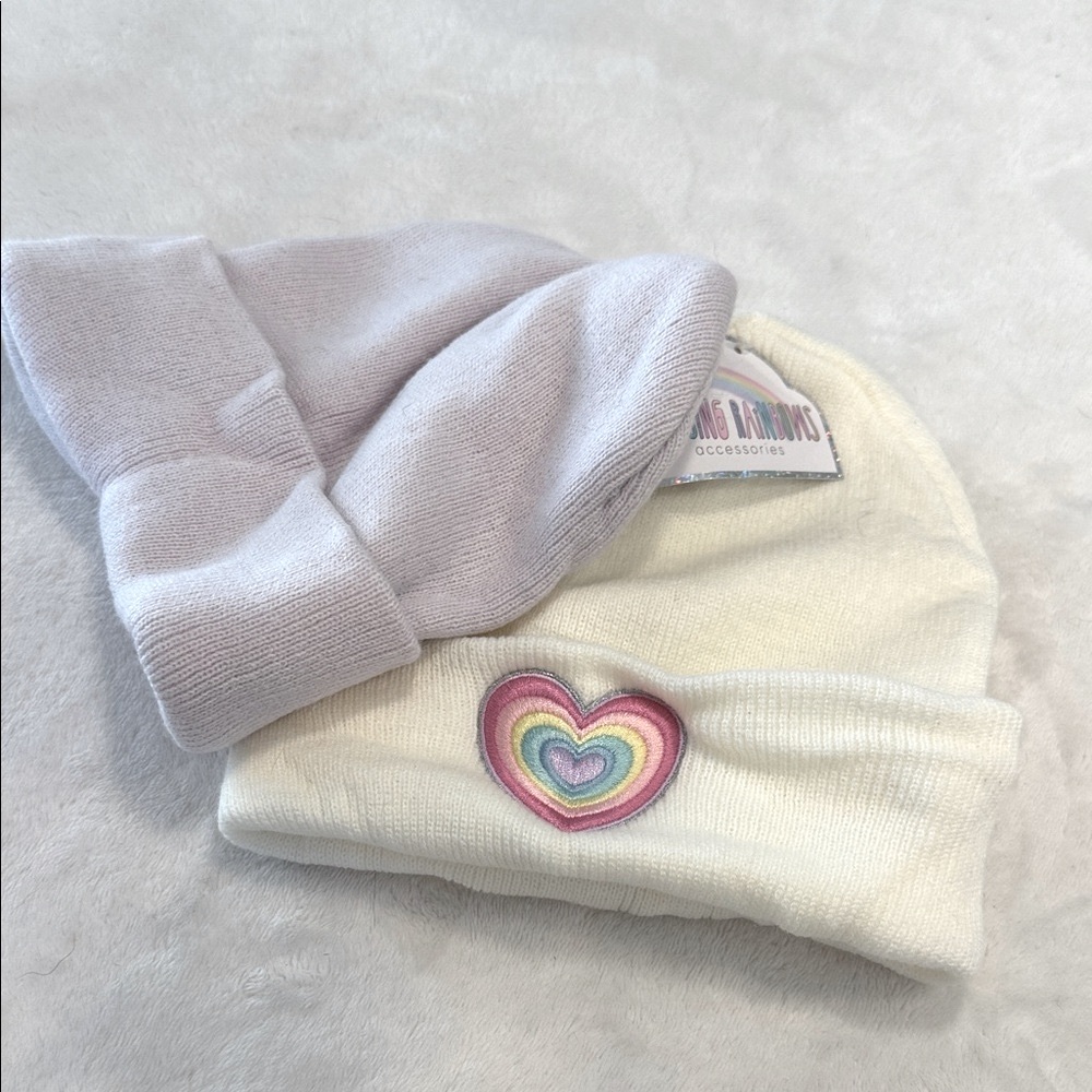 Chasing Rainbows Kids Beanie Set lavender beanie cream rainbow heart beanie 5&up